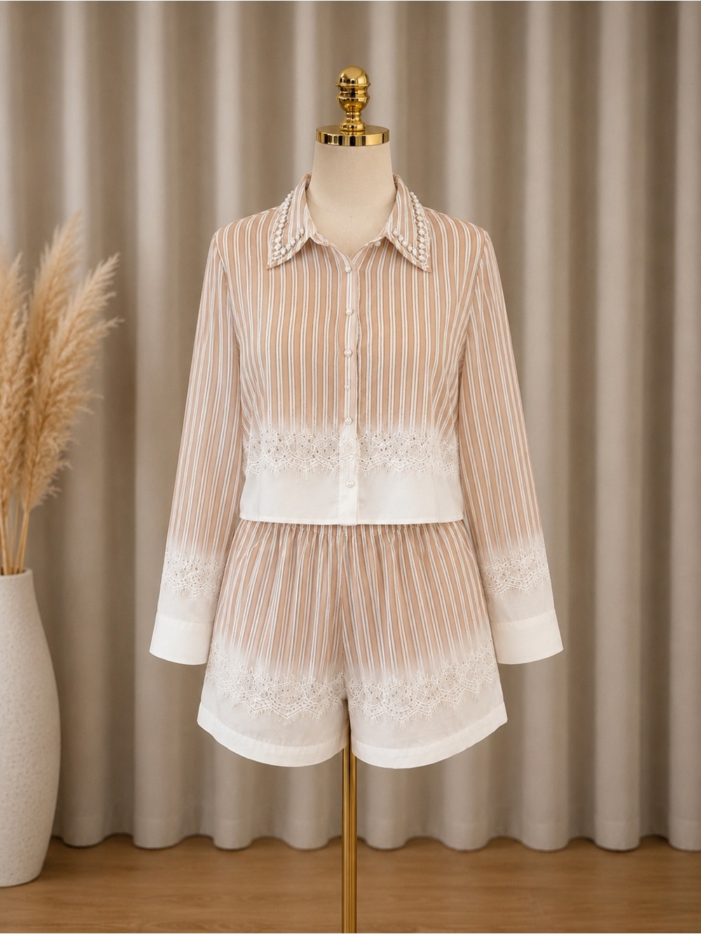 Striped Lace Shirt & Shorts Set